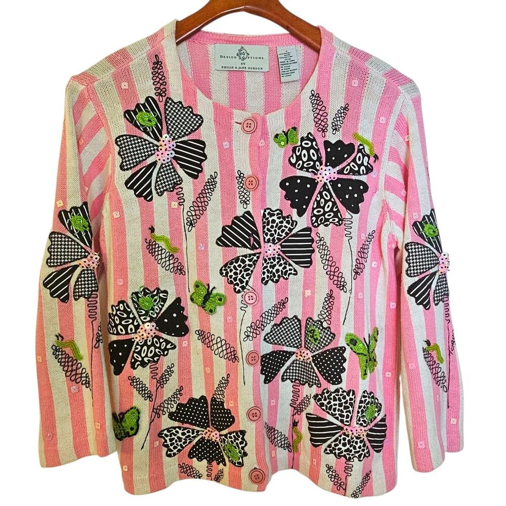 Vintage Design Options Pink & White Striped Knit Button Up Cardigan Sweater